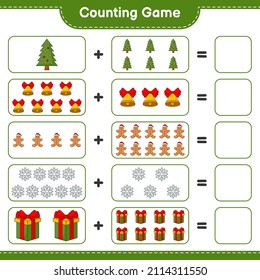 Zählspiel, zählen Sie die Anzahl der Schneeflocken, Geschenkbox, Baum, Weihnachtsglocke, Lebkuchen Mann und schreiben Sie das Ergebnis. Kinderspiel, druckbares Arbeitsblatt, Vektorgrafik