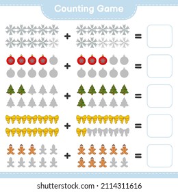Contar el juego, contar el número de copo de nieve, cinta de opciones, árbol, bola de Navidad, hombre de pan de jengibre y escribir el resultado. Juego infantil educativo, hoja de cálculo imprimible, ilustración vectorial