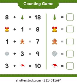 Counting game, count the number of Snowflake, Hat, Tree, Bell, Gingerbread Man and write the result. Educational children game, printable worksheet, vector illustration