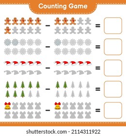 Counting game, count the number of Snowflake, Hat, Tree, Bell, Gingerbread Man and write the result. Educational children game, printable worksheet, vector illustration