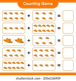 Contando juego, contar el número de Sombrero de Verano y escribir el resultado. Juego infantil educativo, hoja de cálculo imprimible, ilustración vectorial