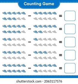 Contando juego, contar el número de Sombrero de Verano y escribir el resultado. Juego infantil educativo, hoja de cálculo imprimible, ilustración vectorial