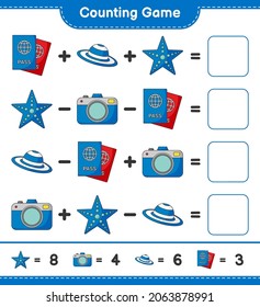 Counting game, count the number of Summer Hat, Passport, Camera, Starfish and write the result. Educational children game, printable worksheet, vector illustration