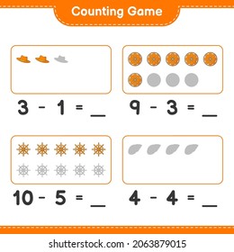 Counting game, count the number of Summer Hat, Orange, Ship Steering Wheel, Sea Shells and write the result. Educational children game, printable worksheet, vector illustration