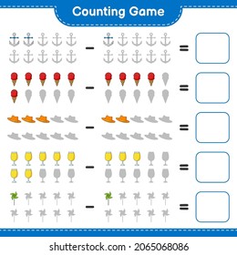 Counting game, count the number of Summer Hat, Cocktail, Pinwheels, Anchor, Ice Cream and write the result. Educational children game, printable worksheet, vector illustration