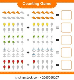 Counting game, count the number of Summer Hat, Cocktail, Pinwheels, Anchor, Ice Cream and write the result. Educational children game, printable worksheet, vector illustration