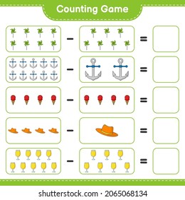 Counting game, count the number of Summer Hat, Cocktail, Pinwheels, Anchor, Ice Cream and write the result. Educational children game, printable worksheet, vector illustration