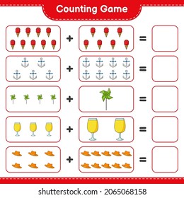 Counting game, count the number of Summer Hat, Cocktail, Pinwheels, Anchor, Ice Cream and write the result. Educational children game, printable worksheet, vector illustration