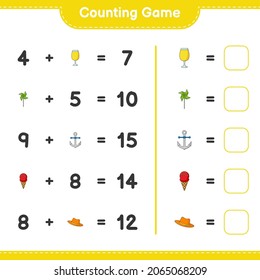 Counting game, count the number of Summer Hat, Cocktail, Pinwheels, Anchor, Ice Cream and write the result. Educational children game, printable worksheet, vector illustration