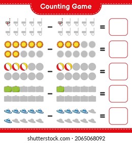 Counting game, count the number of Sun, Beach Ball, Luggage, Summer Hat, Scuba Diving Mask and write the result. Educational children game, printable worksheet, vector illustration