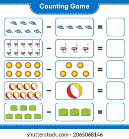 Counting game, count the number of Sun, Beach Ball, Luggage, Summer Hat, Scuba Diving Mask and write the result. Educational children game, printable worksheet, vector illustration