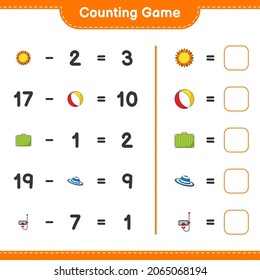 Counting game, count the number of Sun, Beach Ball, Luggage, Summer Hat, Scuba Diving Mask and write the result. Educational children game, printable worksheet, vector illustration