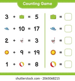 Counting game, count the number of Sun, Beach Ball, Luggage, Summer Hat, Scuba Diving Mask and write the result. Educational children game, printable worksheet, vector illustration