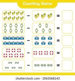 Counting game, count the number of Sunglasses, Flip Flop, Watches, Camera, Lifebuoy and write the result. Educational children game, printable worksheet, vector illustration