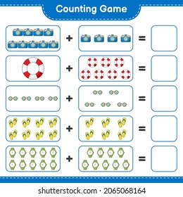 Counting game, count the number of Sunglasses, Flip Flop, Watches, Camera, Lifebuoy and write the result. Educational children game, printable worksheet, vector illustration