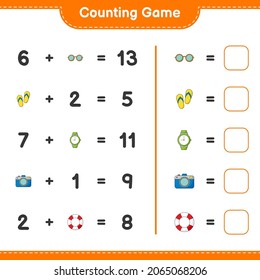 Counting game, count the number of Sunglasses, Flip Flop, Watches, Camera, Lifebuoy and write the result. Educational children game, printable worksheet, vector illustration