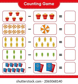 Counting game, count the number of Sunscreen, Ice Cream, Passport, Sand Bucket,  Beach Umbrella and write the result. Educational children game, printable worksheet, vector illustration