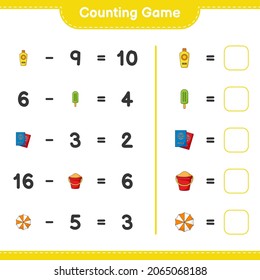 Counting game, count the number of Sunscreen, Ice Cream, Passport, Sand Bucket,  Beach Umbrella and write the result. Educational children game, printable worksheet, vector illustration