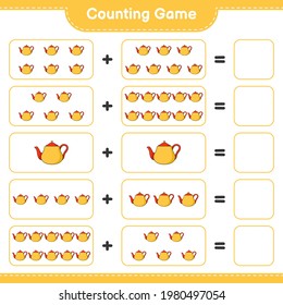 Counting game, count the number of Tea Pot and write the result. Educational children game, printable worksheet, vector illustration