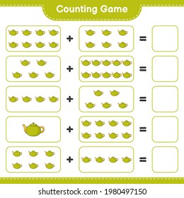 Counting game, count the number of Tea Pot and write the result. Educational children game, printable worksheet, vector illustration