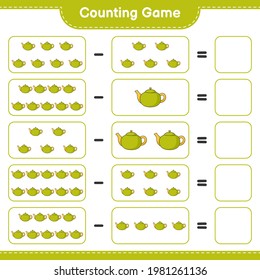 Counting game, count the number of Tea Pot and write the result. Educational children game, printable worksheet, vector illustration