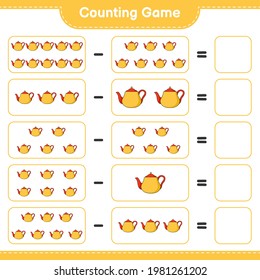 Counting game, count the number of Tea Pot and write the result. Educational children game, printable worksheet, vector illustration