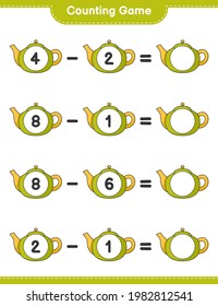 Contando juego, cuenta el número de Tea Pot y escribe el resultado. Juego infantil educativo, hoja de cálculo imprimible, ilustración vectorial