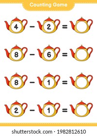 Counting game, count the number of Tea Pot and write the result. Educational children game, printable worksheet, vector illustration