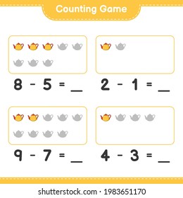 Counting game, count the number of Tea Pot and write the result. Educational children game, printable worksheet, vector illustration