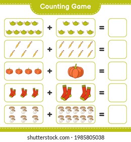 Counting game, count the number of Tea Pot, Umbrella, Pumpkin, Socks, Shiitake and write the result. Educational children game, printable worksheet, vector illustration