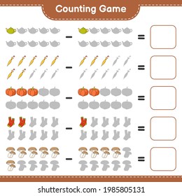 Counting game, count the number of Tea Pot, Umbrella, Pumpkin, Socks, Shiitake and write the result. Educational children game, printable worksheet, vector illustration
