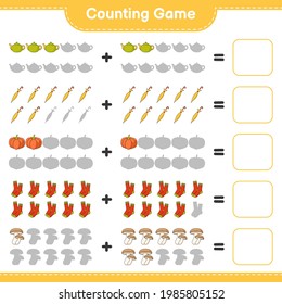 Counting game, count the number of Tea Pot, Umbrella, Pumpkin, Socks, Shiitake and write the result. Educational children game, printable worksheet, vector illustration