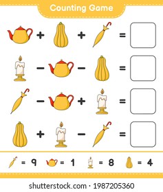 Counting game, count the number of Tea Pot, Candle, Butternut Squash, Umbrella and write the result. Educational children game, printable worksheet, vector illustration
