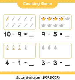 Zählspiel, Zählen Sie die Anzahl der Tee Pot, Candle, Butternut Squash, Umbrella und schreiben Sie das Ergebnis. Kinderspiel, druckbares Arbeitsblatt, Vektorgrafik