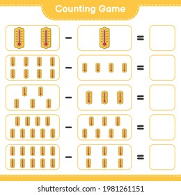 Contando juego, contar el número de Thermometer y escribir el resultado. Juego infantil educativo, hoja de cálculo imprimible, ilustración vectorial