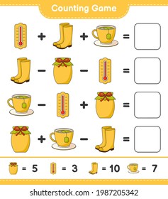 Counting game, count the number of Thermometer, Rubber Boots, Tea Cup, Jam and write the result. Educational children game, printable worksheet, vector illustration