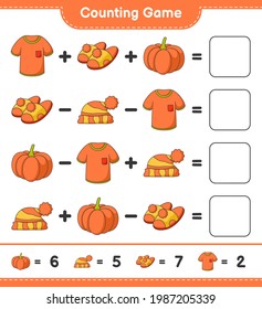 Counting game, count the number of Tshirt, Slippers, Pumpkin, Hat and write the result. Educational children game, printable worksheet, vector illustration