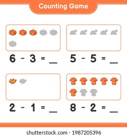 Counting game, count the number of Tshirt, Slippers, Pumpkin, Hat and write the result. Educational children game, printable worksheet, vector illustration