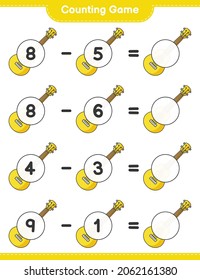Contando el juego, contar el número de Ukulele y escribir el resultado. Juego infantil educativo, hoja de cálculo imprimible, ilustración vectorial
