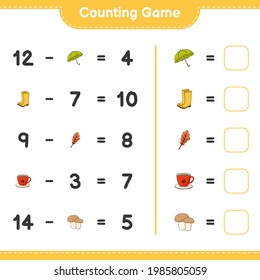 Counting game, count the number of Umbrella, Rubber Boots, Oak Leaf, Coffee Cup, Mushroom Boletus and write the result. Educational children game, printable worksheet, vector illustration