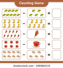 Counting game, count the number of Umbrella, Rubber Boots, Oak Leaf, Coffee Cup, Mushroom Boletus and write the result. Educational children game, printable worksheet, vector illustration