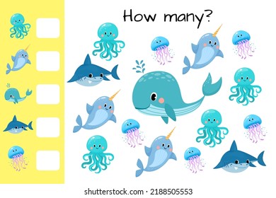 Counting game, count sea animals and write result. Kids educational logic game. Educational printable math worksheet. Vector illustration isolated on white background.