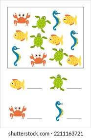 Counting game of cute animals for preschool children Sample worksheet. Vector Illustration.
