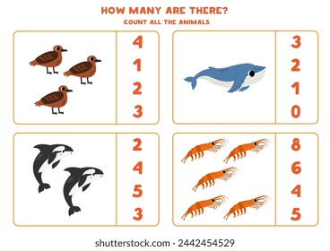 Counting game with cute Antarctic animals. Educational worksheet.