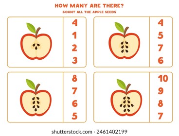 Contar el juego con manzanas lindas. Hoja de trabajo educativa. Cuenta las semillas de manzana.