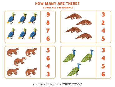 Counting game with cute Asian animals. Educational worksheet.
