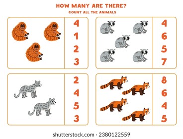 Juego de conteo con lindos animales asiáticos. Hoja de trabajo educativa.