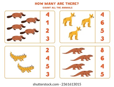 Counting game with cute Australian animals. Educational worksheet.