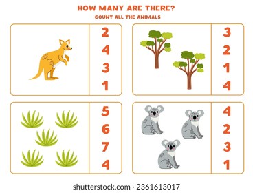 Contando el juego con lindos animales australianos. Hoja de trabajo educativa.
