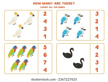 Counting game with cute Australian birds. Educational worksheet.